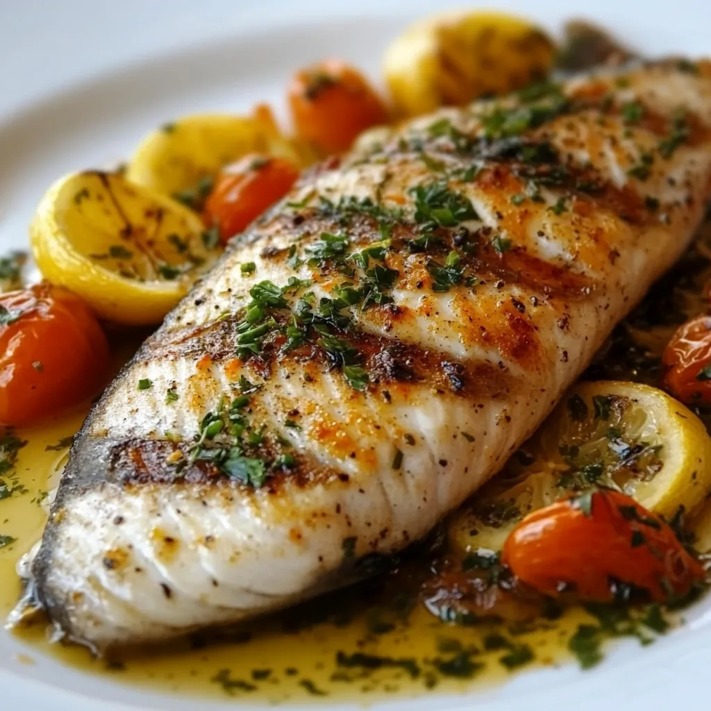 Filete de pescado a la plancha servido en un plato blanco con perejil fresco y rodajas de limón.