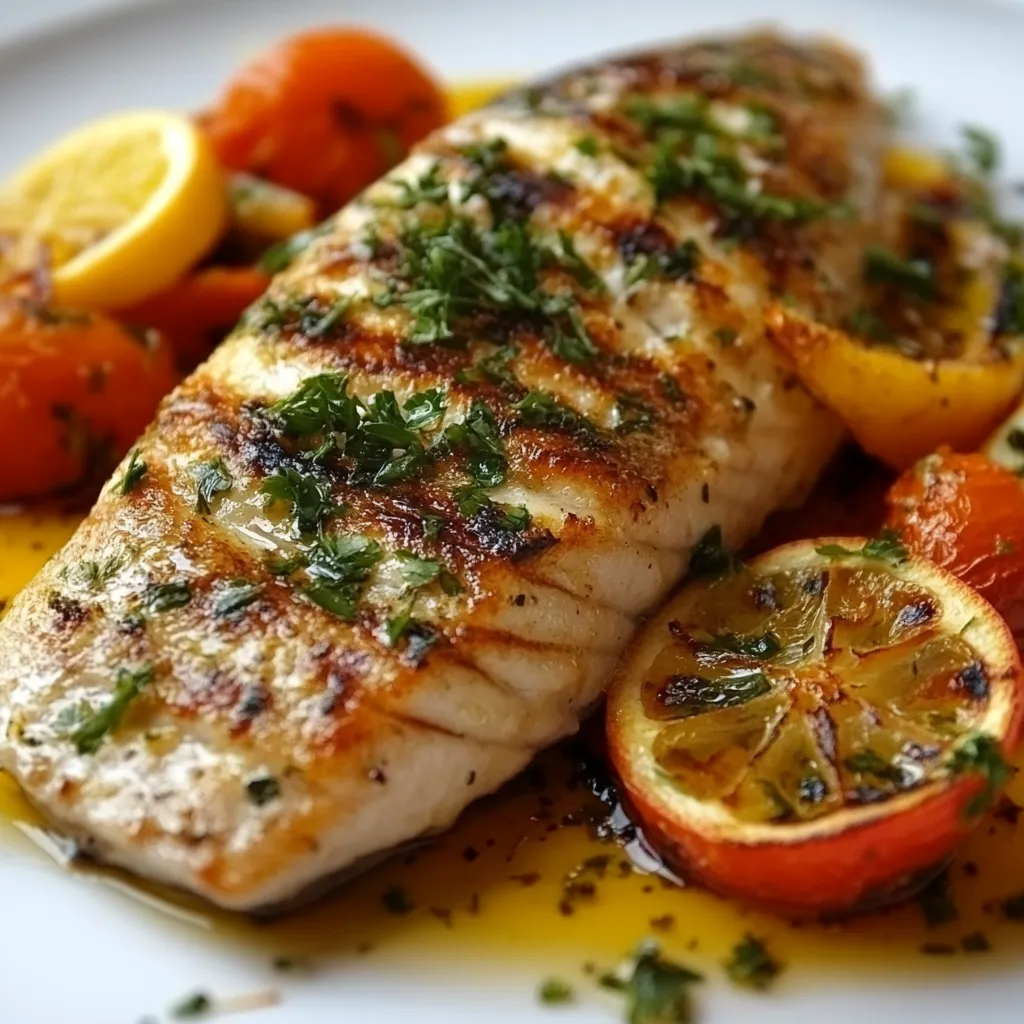 Filete de pescado a la plancha servido en un plato blanco con perejil fresco y rodajas de limón.