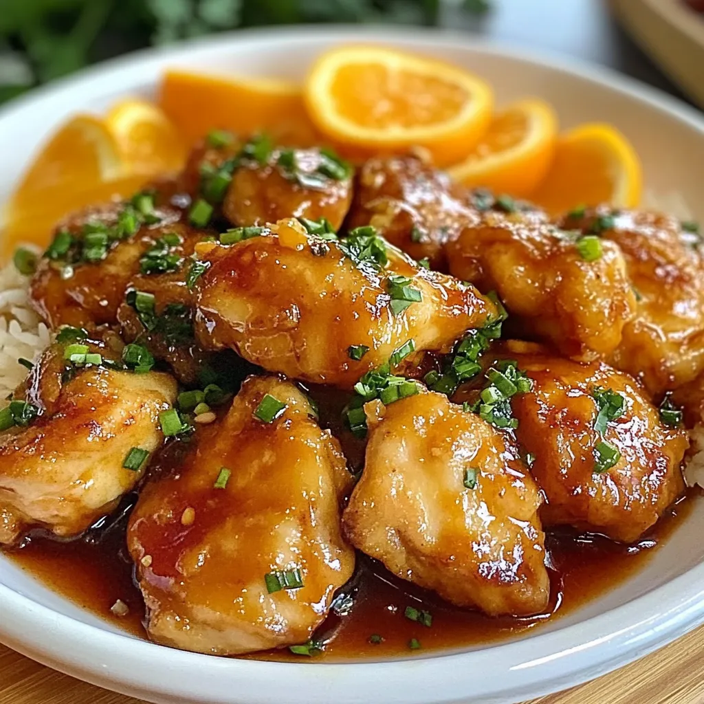 Pollo a la Naranja servido en un plato con salsa brillante de naranja y rodajas frescas como decoración.