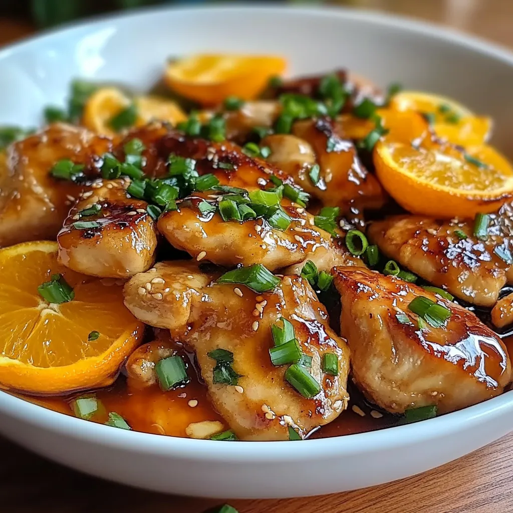 Pollo a la Naranja servido en un plato con salsa brillante de naranja y rodajas frescas como decoración.