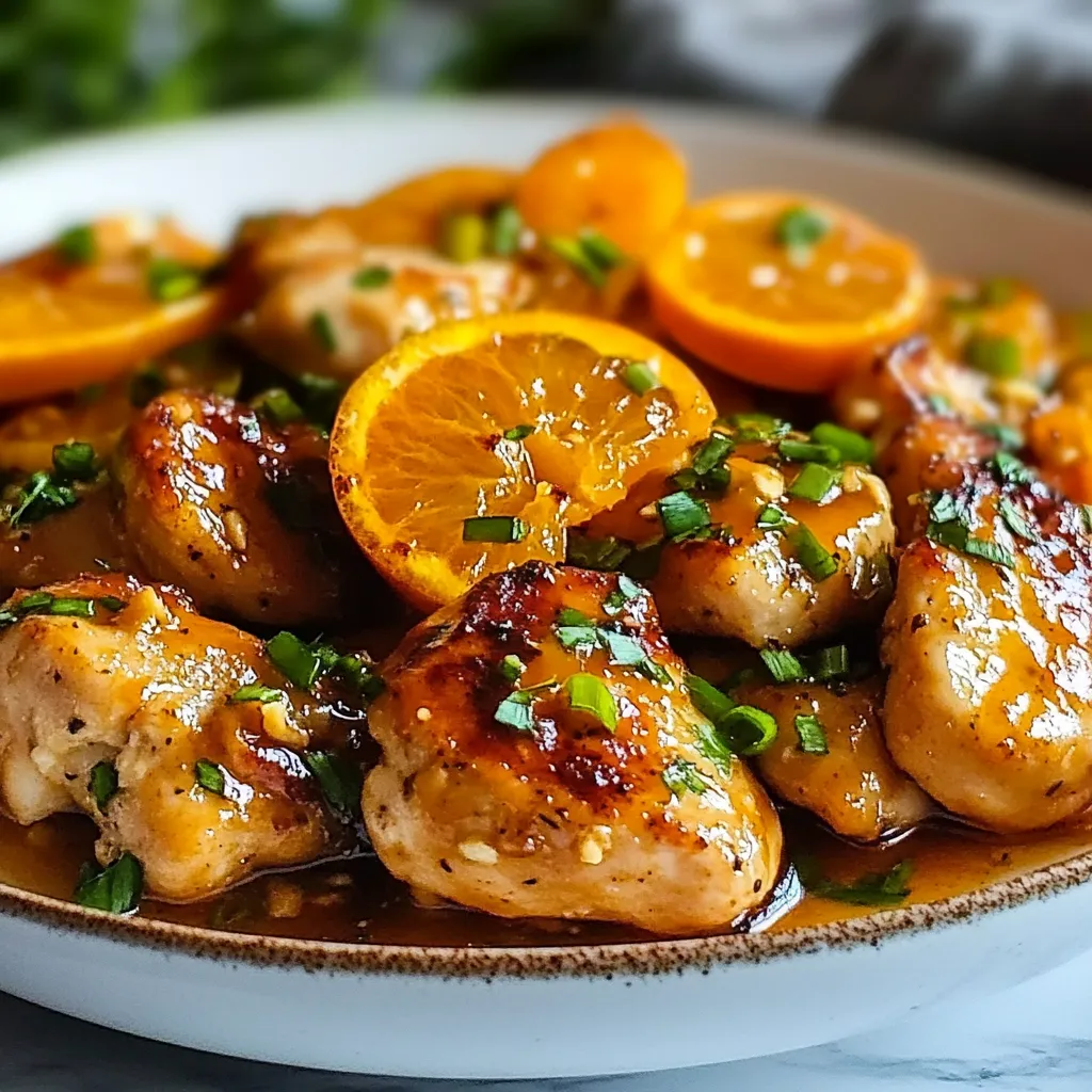 Pollo a la Naranja servido en un plato con salsa brillante de naranja y rodajas frescas como decoración.