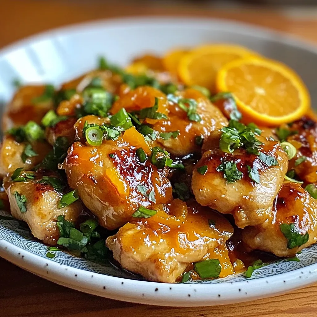 Pollo a la Naranja servido en un plato con salsa brillante de naranja y rodajas frescas como decoración.