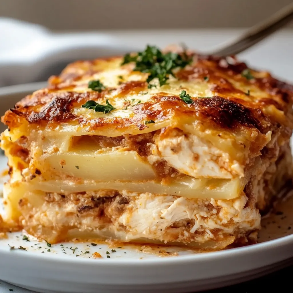 Una lasaña de batata con pollo servida en una fuente refractaria, con queso dorado en la superficie, ideal para una comida familiar.