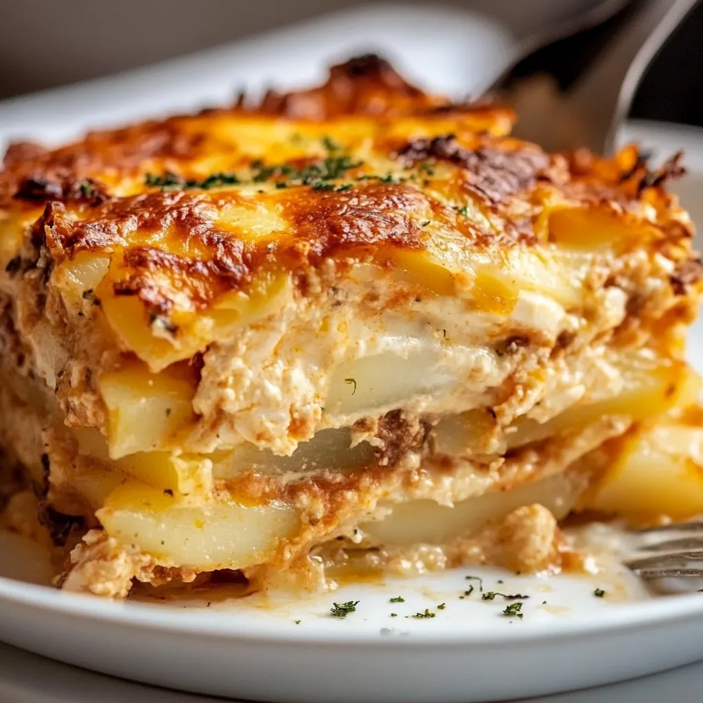 Una lasaña de batata con pollo servida en una fuente refractaria, con queso dorado en la superficie, ideal para una comida familiar.