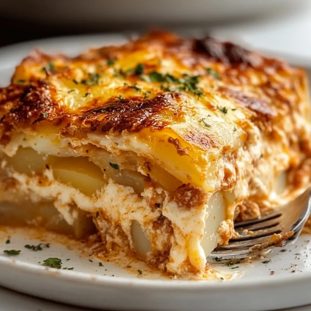 Una lasaña de batata con pollo servida en una fuente refractaria, con queso dorado en la superficie, ideal para una comida familiar.