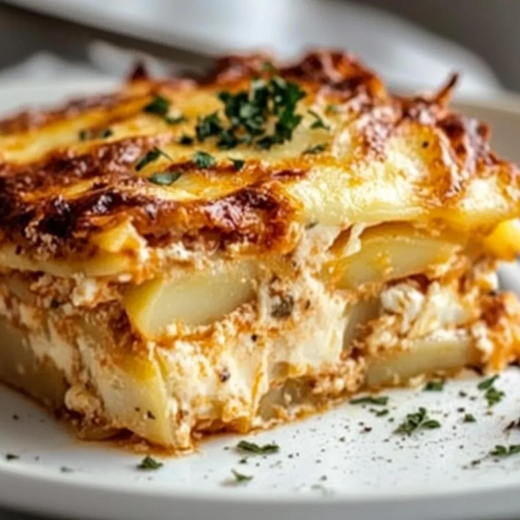 Una lasaña de batata con pollo servida en una fuente refractaria, con queso dorado en la superficie, ideal para una comida familiar.