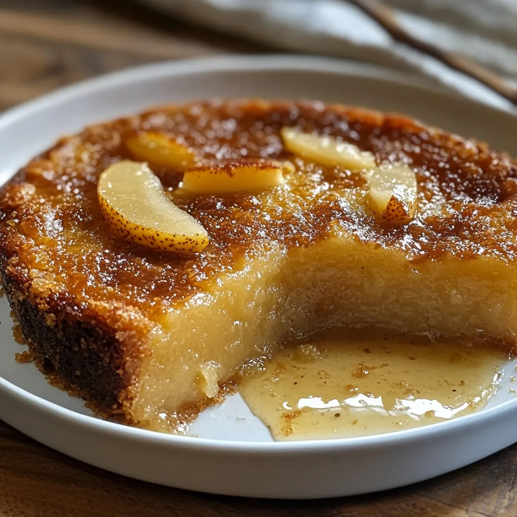 Pudín casero de pera con caramelo servido en un plato, perfecto para compartir en familia.