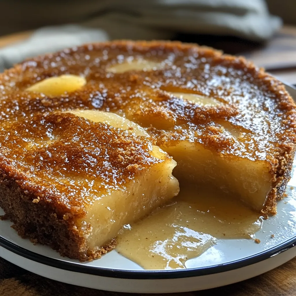 Pudín casero de pera con caramelo servido en un plato, perfecto para compartir en familia.