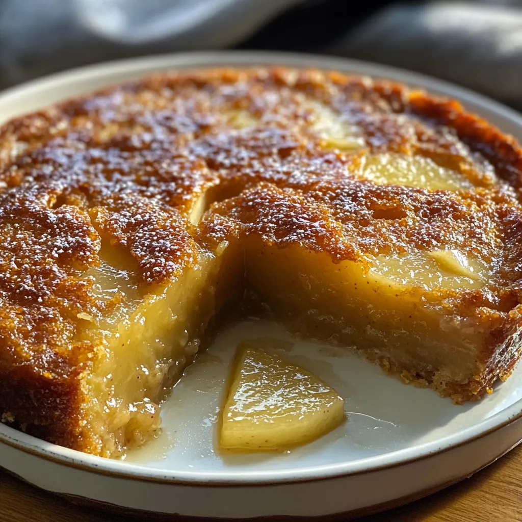 Pudín casero de pera con caramelo servido en un plato, perfecto para compartir en familia.