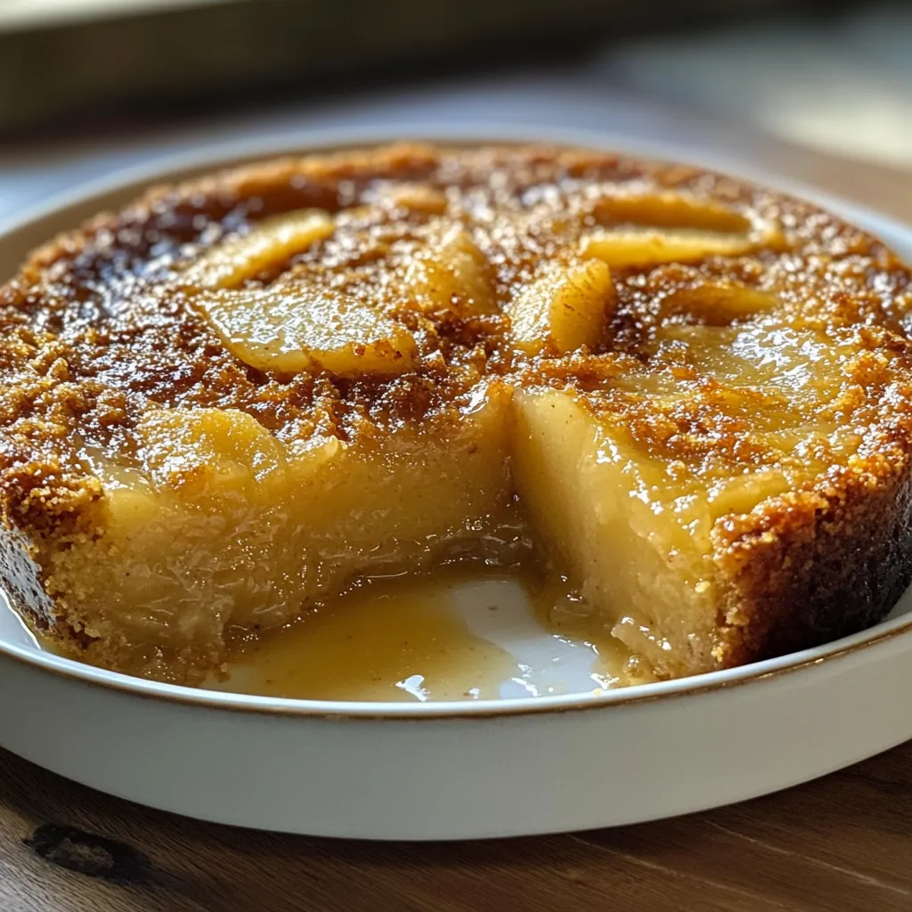 Pudín casero de pera con caramelo servido en un plato, perfecto para compartir en familia.