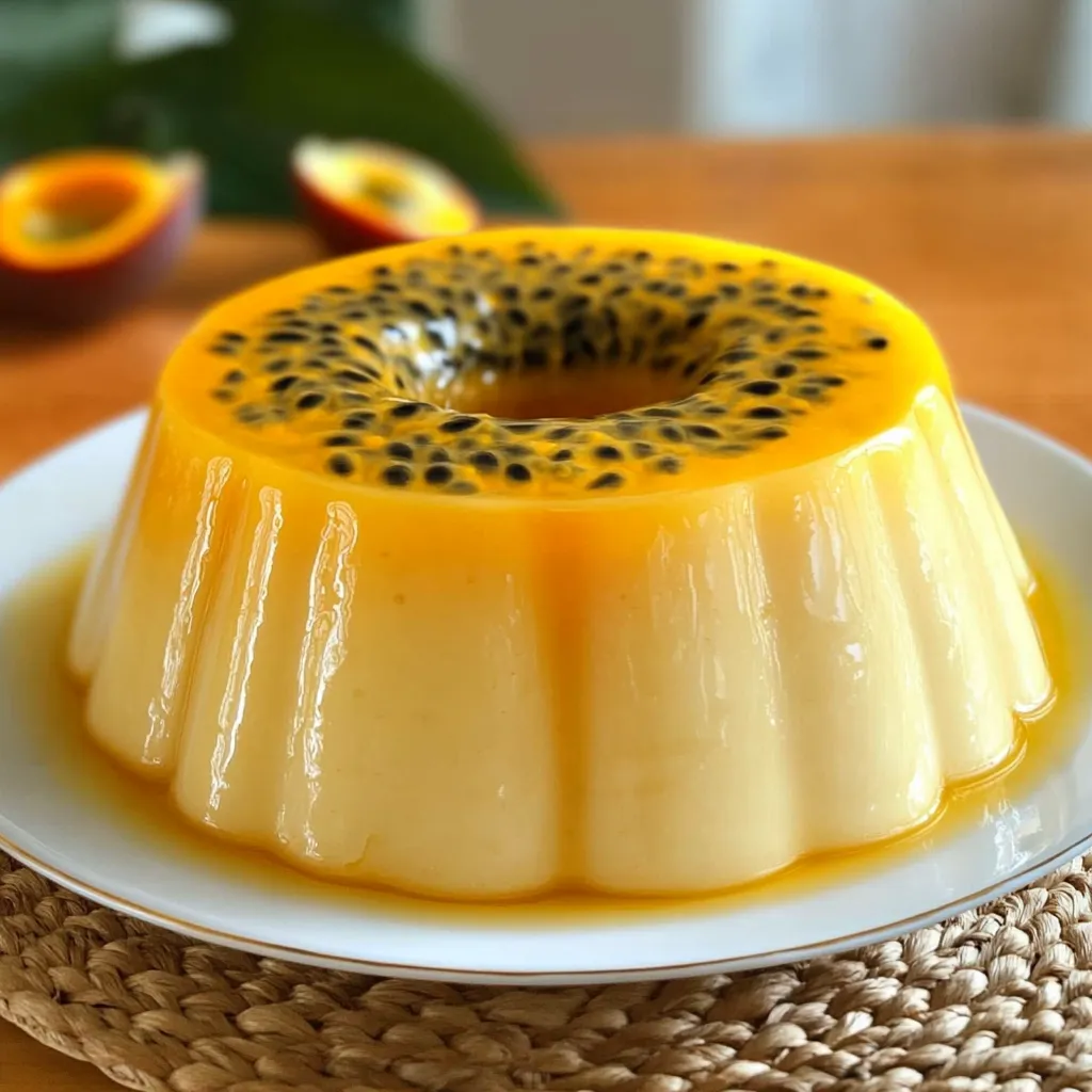 Pudín de maracuyá en un plato decorado con pulpa de maracuyá y hojas de menta.
