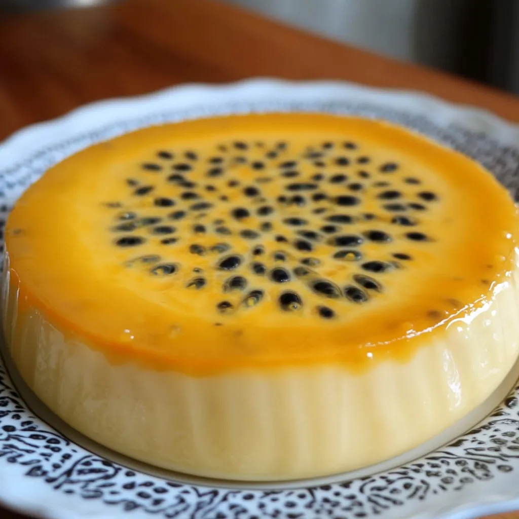 Pudín de maracuyá en un plato decorado con pulpa de maracuyá y hojas de menta.