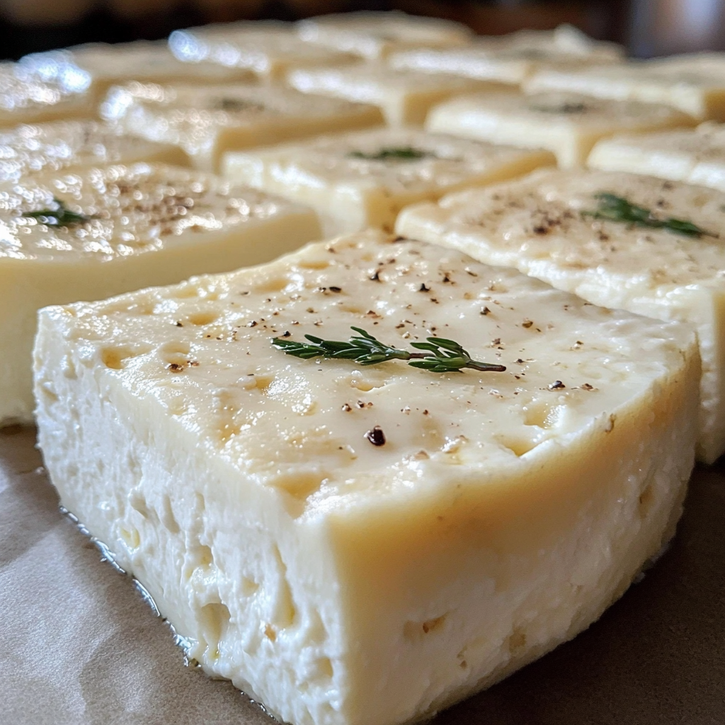 Queso fresco casero sobre una tabla de madera, con hierbas frescas y una jarra de leche al fondo.