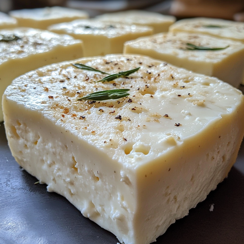 Queso fresco casero sobre una tabla de madera, con hierbas frescas y una jarra de leche al fondo.