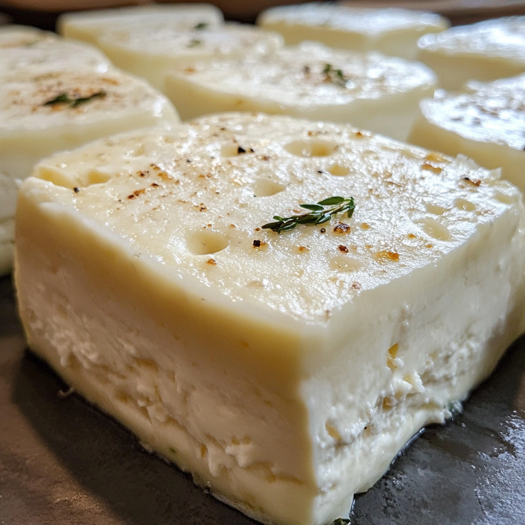 Queso fresco casero sobre una tabla de madera, con hierbas frescas y una jarra de leche al fondo.