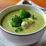Tazón de sopa cremosa de brócoli y coliflor decorada con queso rallado y crutones.