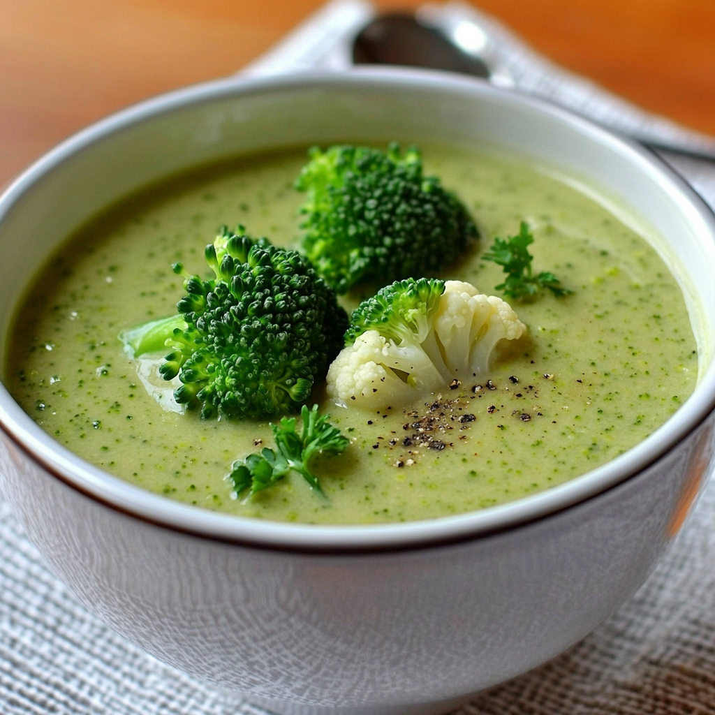 Tazón de sopa cremosa de brócoli y coliflor decorada con queso rallado y crutones.