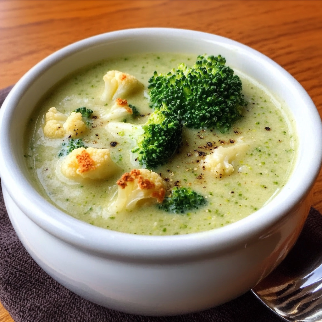 Tazón de sopa cremosa de brócoli y coliflor decorada con queso rallado y crutones.