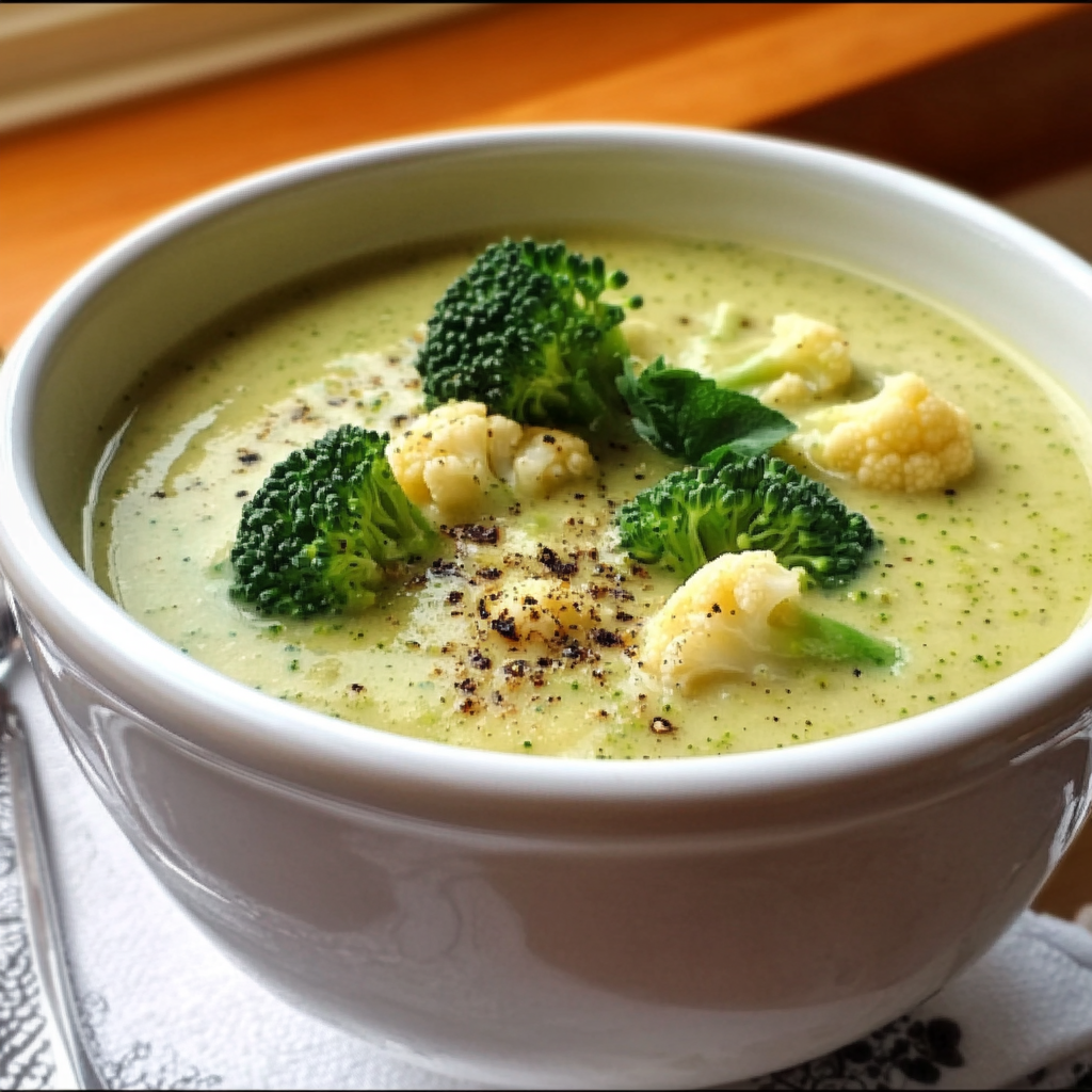 Tazón de sopa cremosa de brócoli y coliflor decorada con queso rallado y crutones.