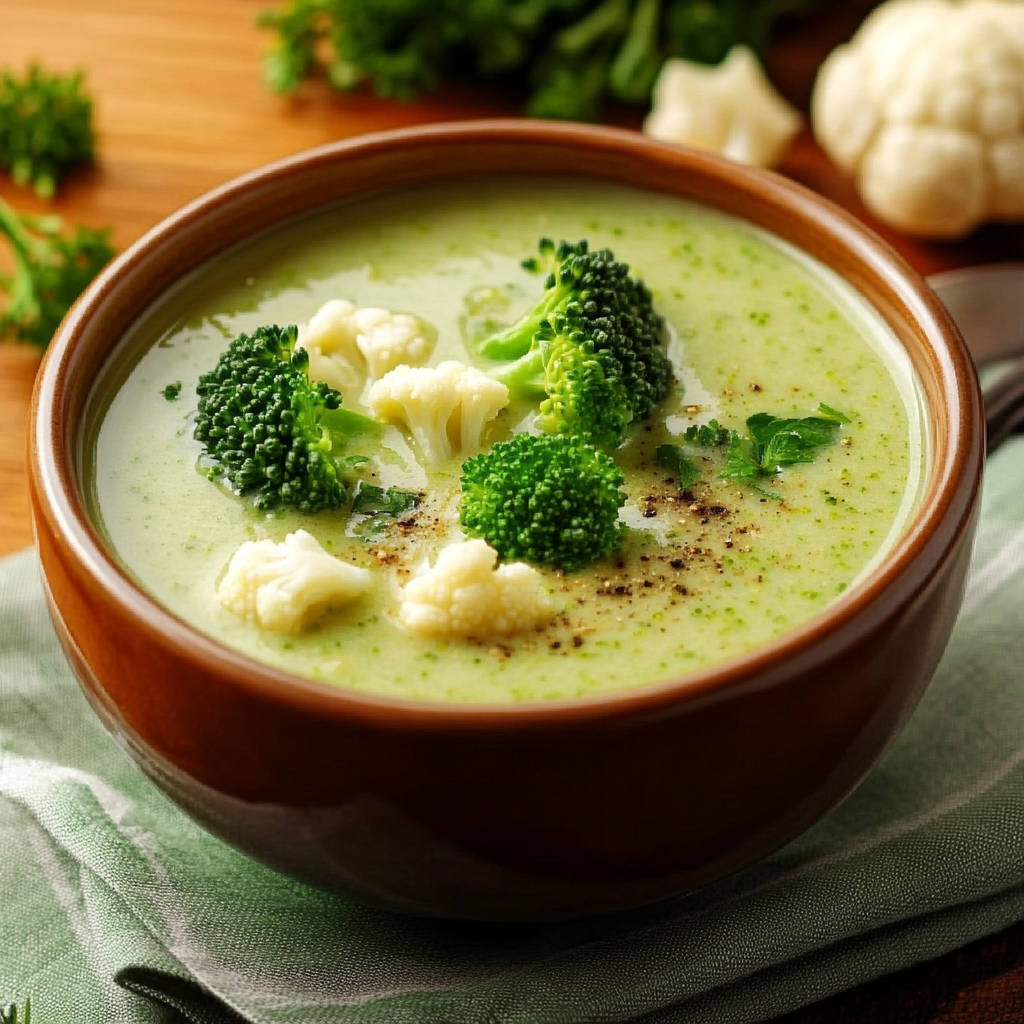Tazón de sopa cremosa de brócoli y coliflor decorada con queso rallado y crutones.