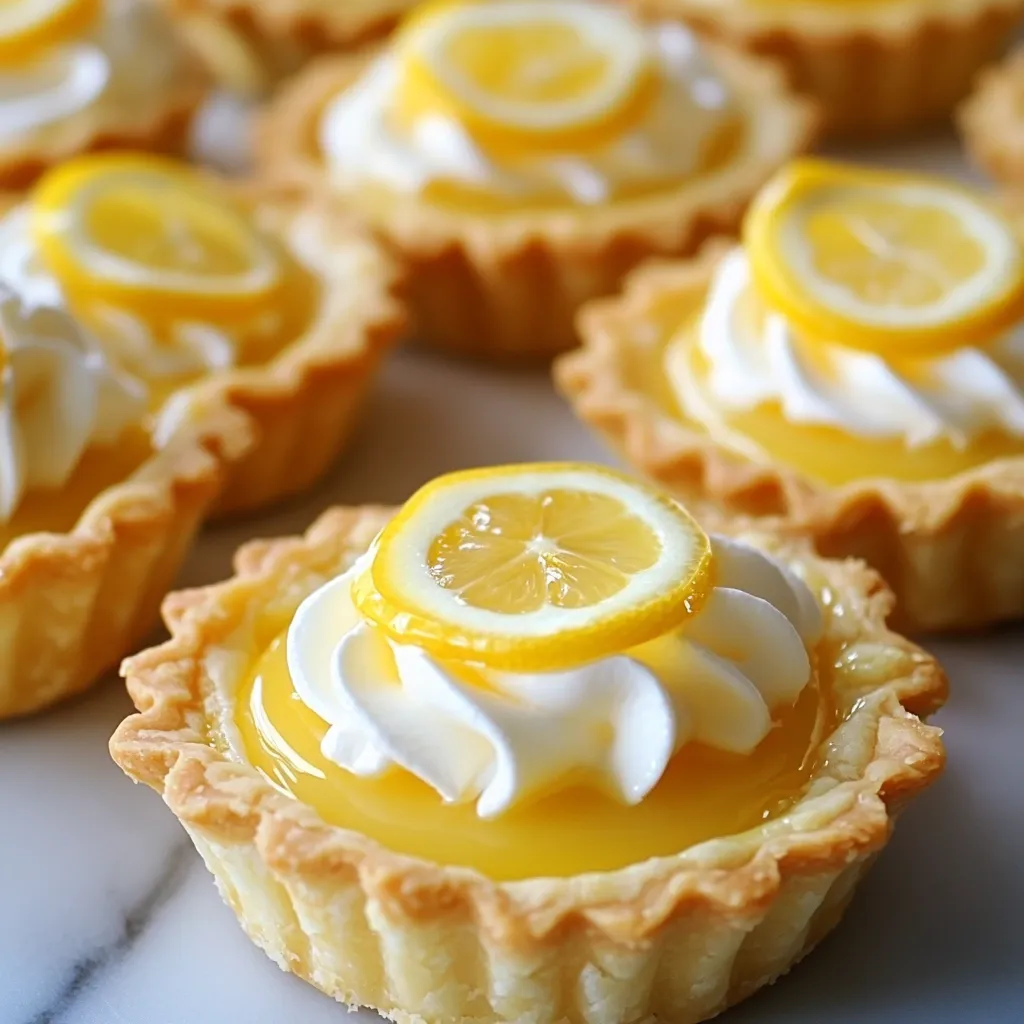 Tartaletas de limón crujientes con mousse cremoso decoradas con rodajas de limón.