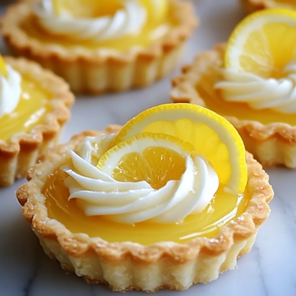 Tartaletas de limón crujientes con mousse cremoso decoradas con rodajas de limón.