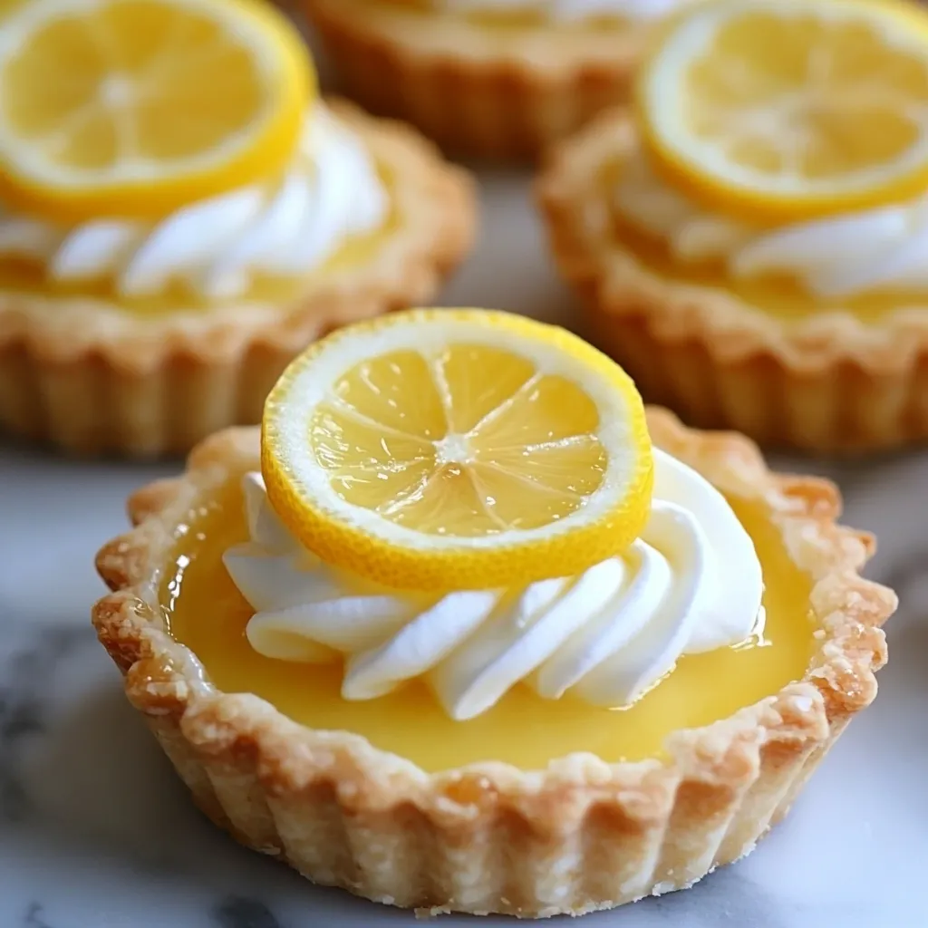 Tartaletas de limón crujientes con mousse cremoso decoradas con rodajas de limón.