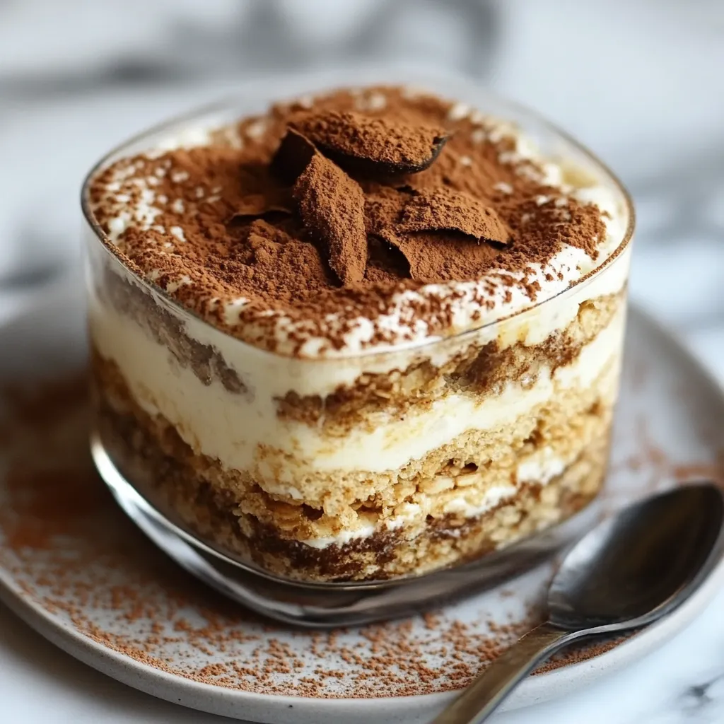 Tiramisú saludable de avena servido en un vaso con capas de yogur y cacao espolvoreado.