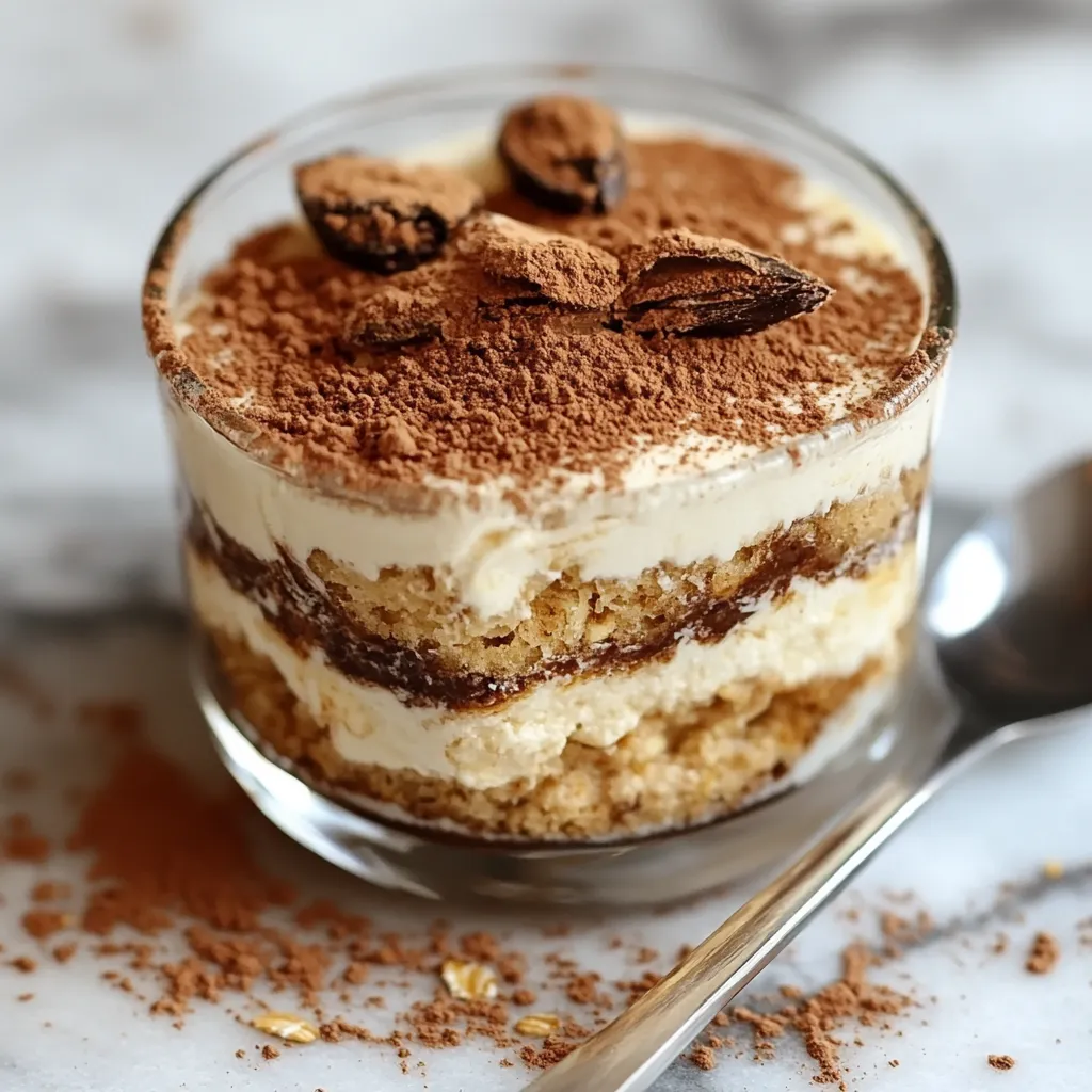 Tiramisú saludable de avena servido en un vaso con capas de yogur y cacao espolvoreado.