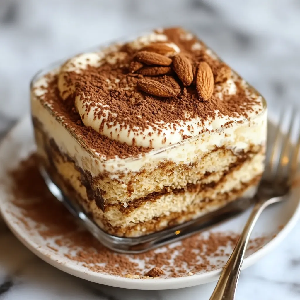Tiramisú saludable de avena servido en un vaso con capas de yogur y cacao espolvoreado.