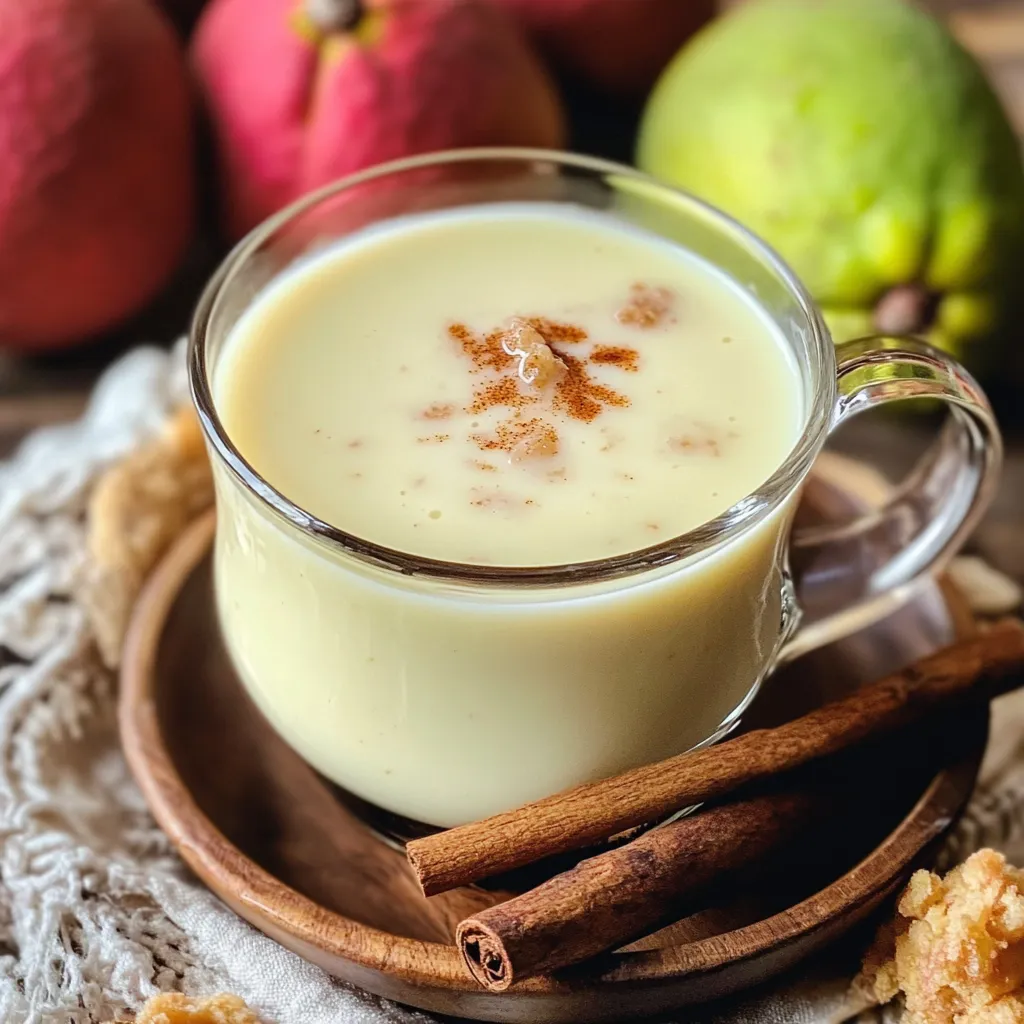 Atole de guayaba servido en una taza de cerámica junto a un pan dulce.