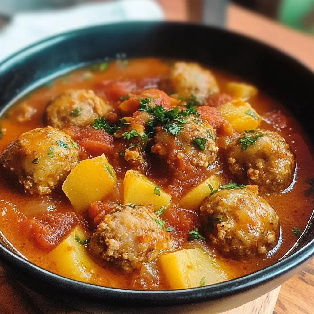 Salsa de tomate espesa con albóndigas cocinándose a fuego lento.