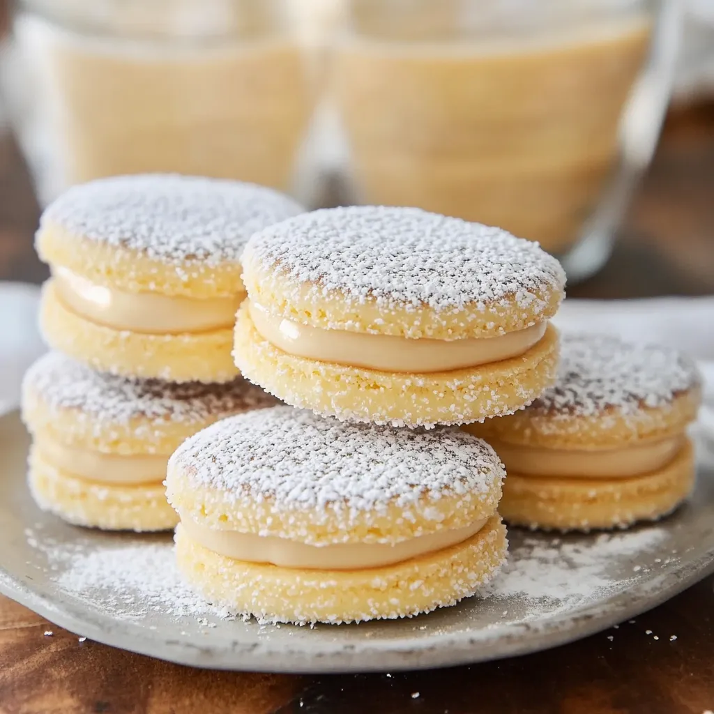 Alfajores de maicena rellenos de dulce de leche y decorados con coco rallado.