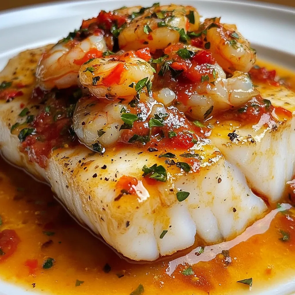 Plato de bacalao con salsa de gambas y pimientos del piquillo servido en un plato blanco con perejil fresco.