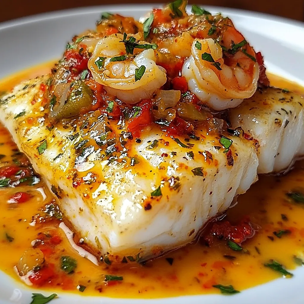 Plato de bacalao con salsa de gambas y pimientos del piquillo servido en un plato blanco con perejil fresco.