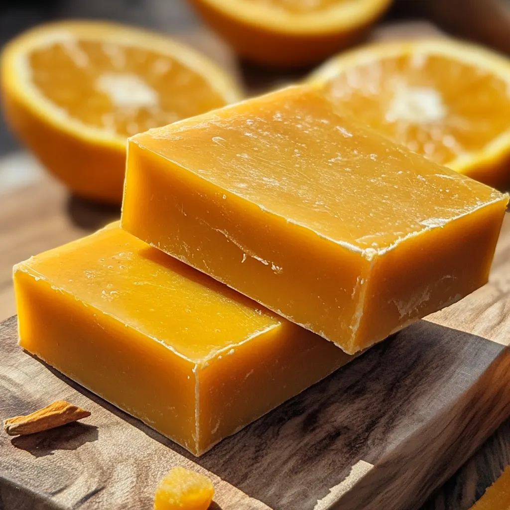 Jabón casero de cúrcuma y naranja desmoldado y listo para usar.