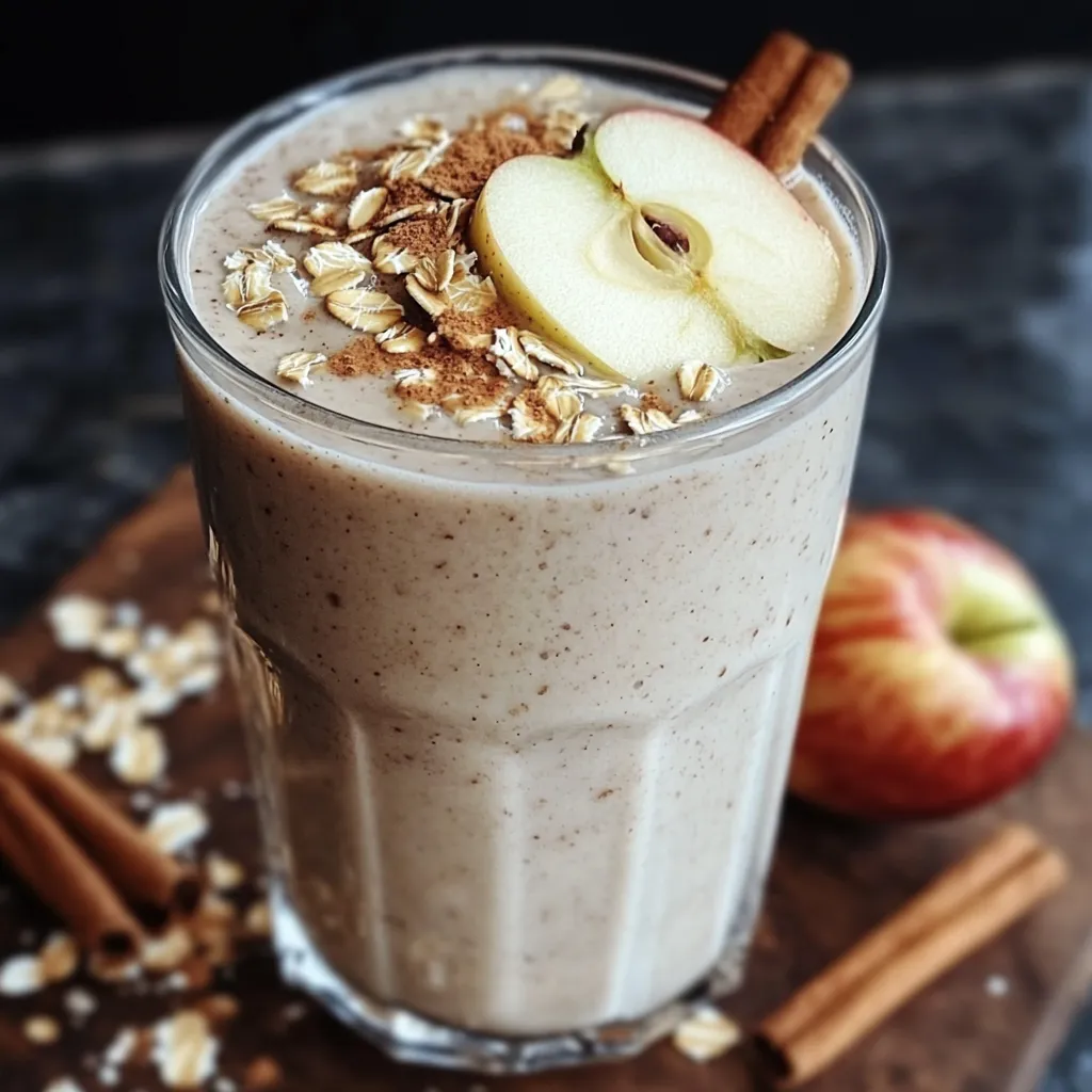 Batido de manzana, canela y avena servido en un vaso con canela espolvoreada encima.