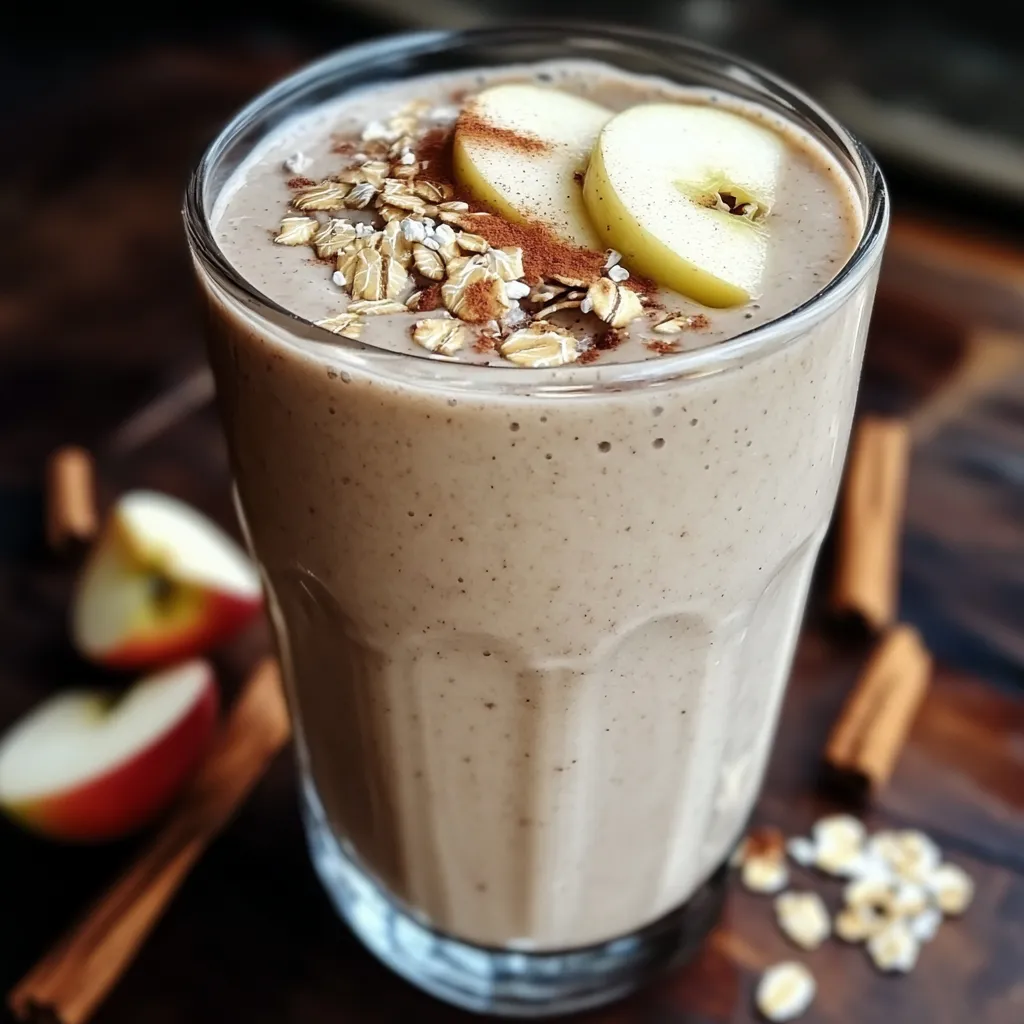 Batido de manzana, canela y avena servido en un vaso con canela espolvoreada encima.