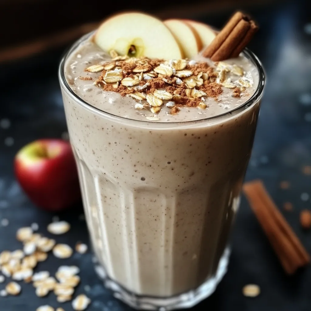 Batido de manzana, canela y avena servido en un vaso con canela espolvoreada encima.