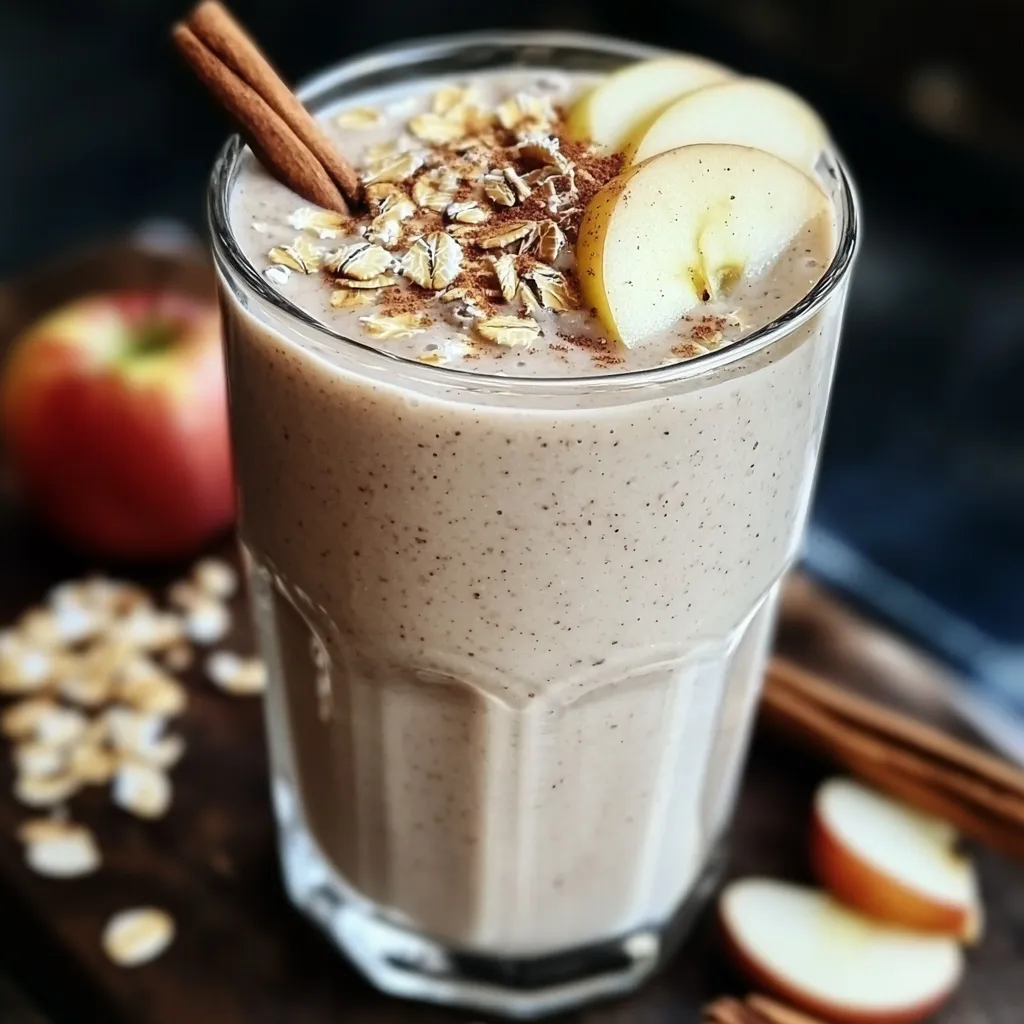 Batido de manzana, canela y avena servido en un vaso con canela espolvoreada encima.