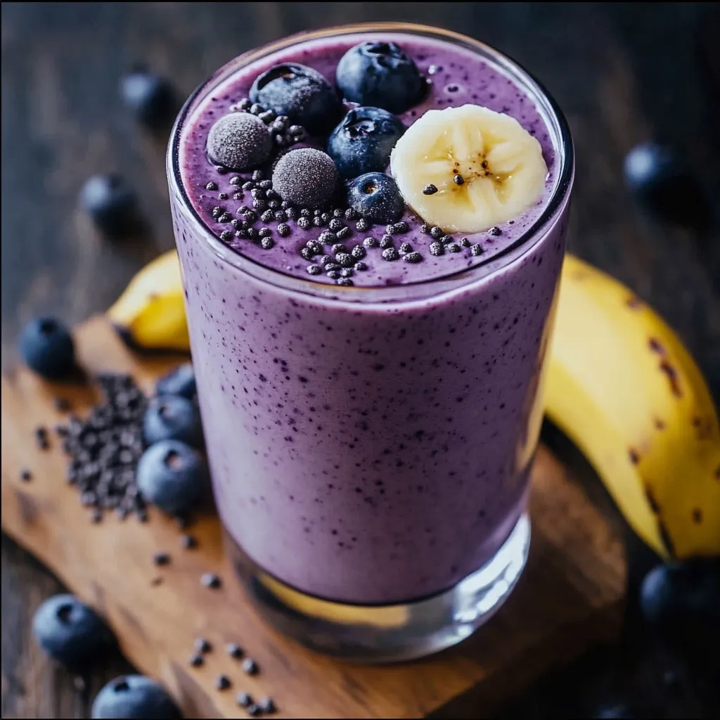 Batido de plátano y arándanos servido en un vaso alto con arándanos enteros y rodajas de plátano como decoración.