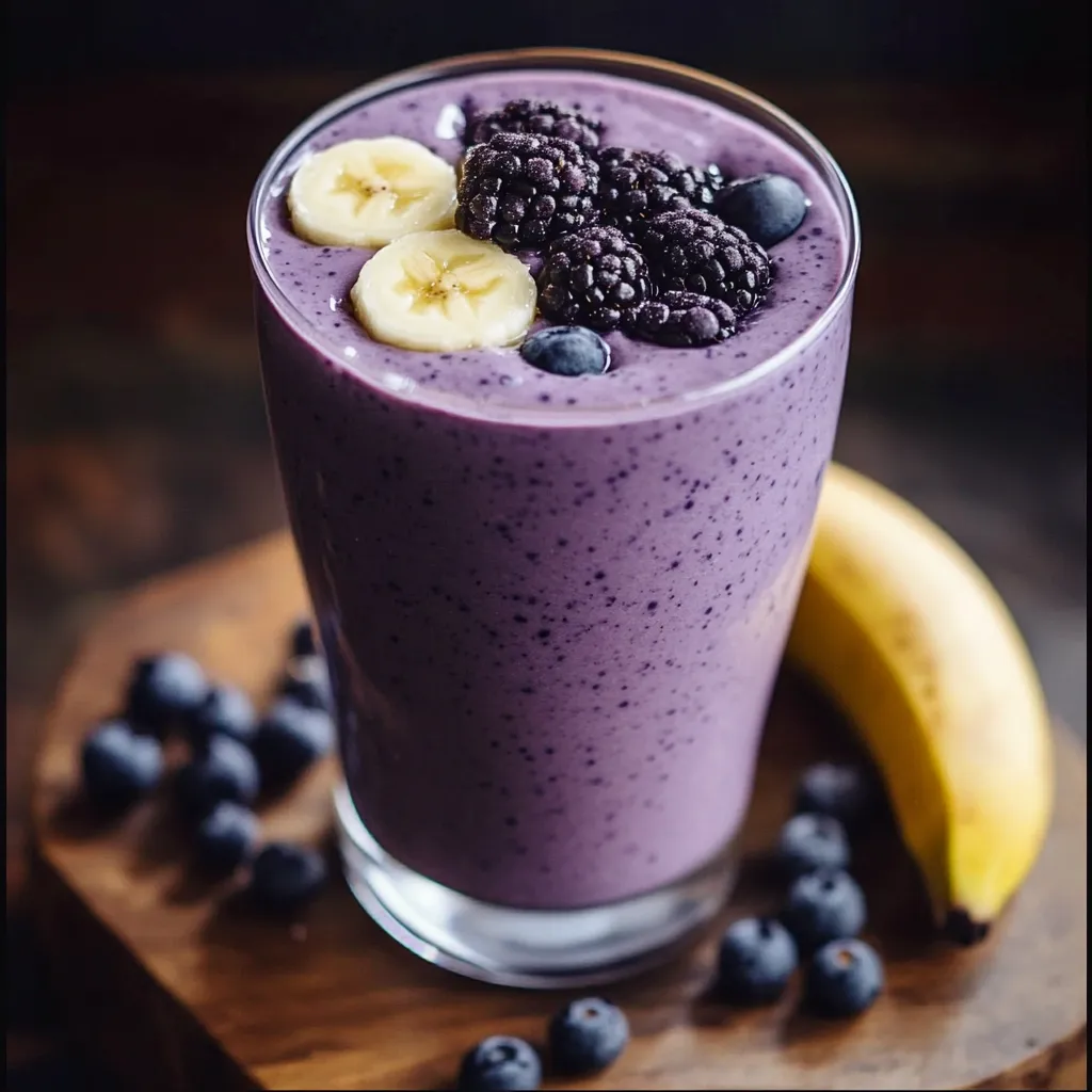 Batido de plátano y arándanos servido en un vaso alto con arándanos enteros y rodajas de plátano como decoración.