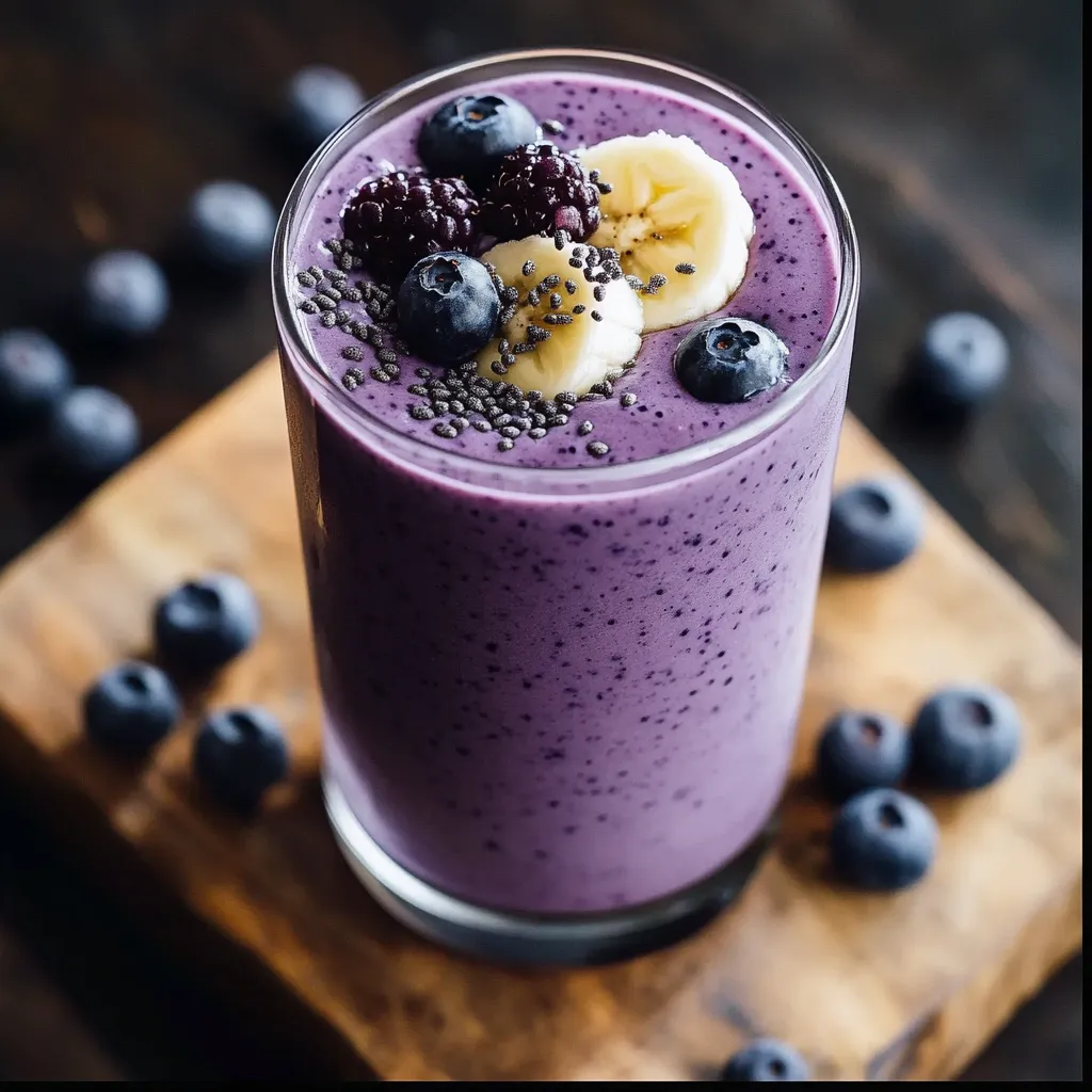 Batido de plátano y arándanos servido en un vaso alto con arándanos enteros y rodajas de plátano como decoración.