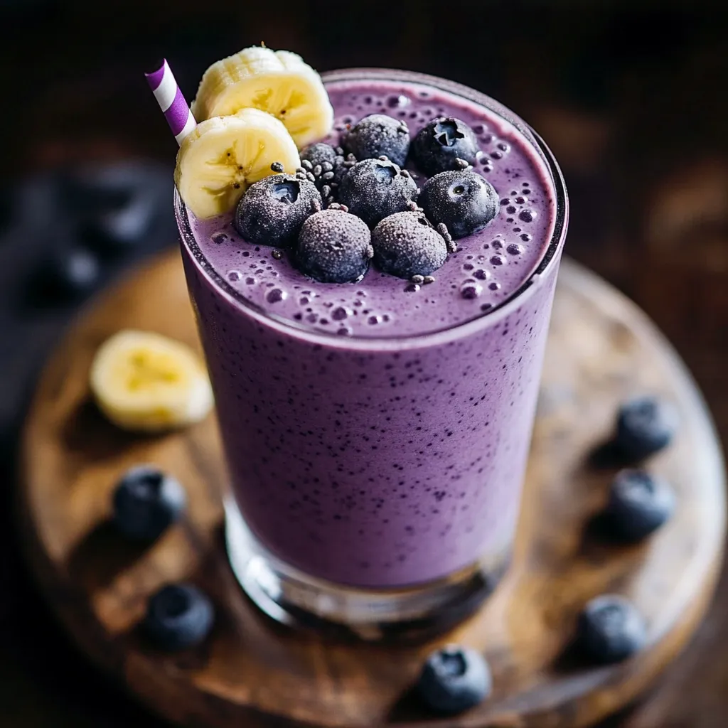 Batido de plátano y arándanos servido en un vaso alto con arándanos enteros y rodajas de plátano como decoración.