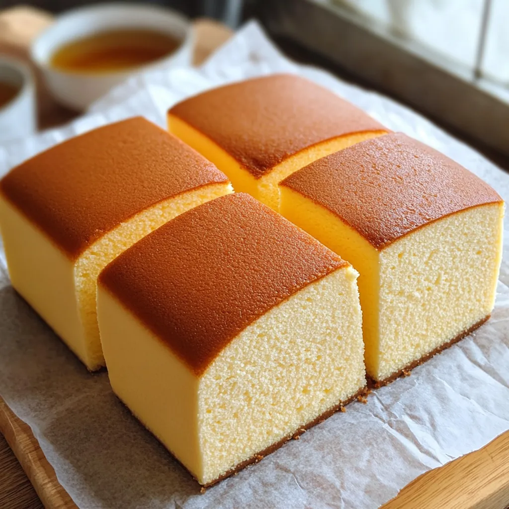 Bizcocho japonés esponjoso en rebanadas, servido en un plato blanco, ideal para acompañar con té.