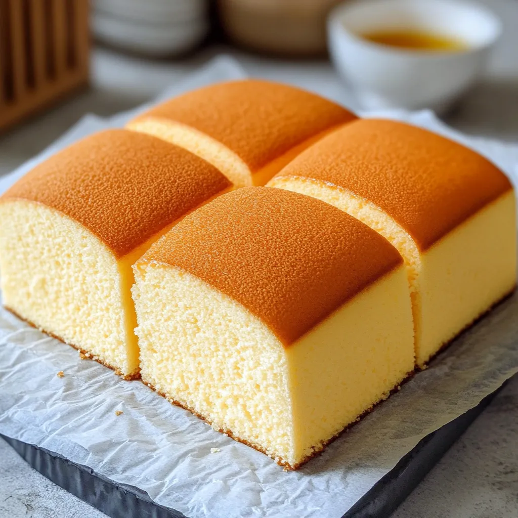 Bizcocho japonés esponjoso en rebanadas, servido en un plato blanco, ideal para acompañar con té.