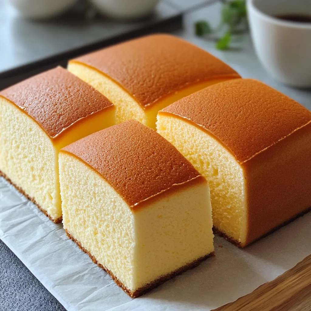 Bizcocho japonés esponjoso en rebanadas, servido en un plato blanco, ideal para acompañar con té.