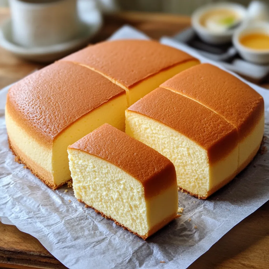 Bizcocho japonés esponjoso en rebanadas, servido en un plato blanco, ideal para acompañar con té.