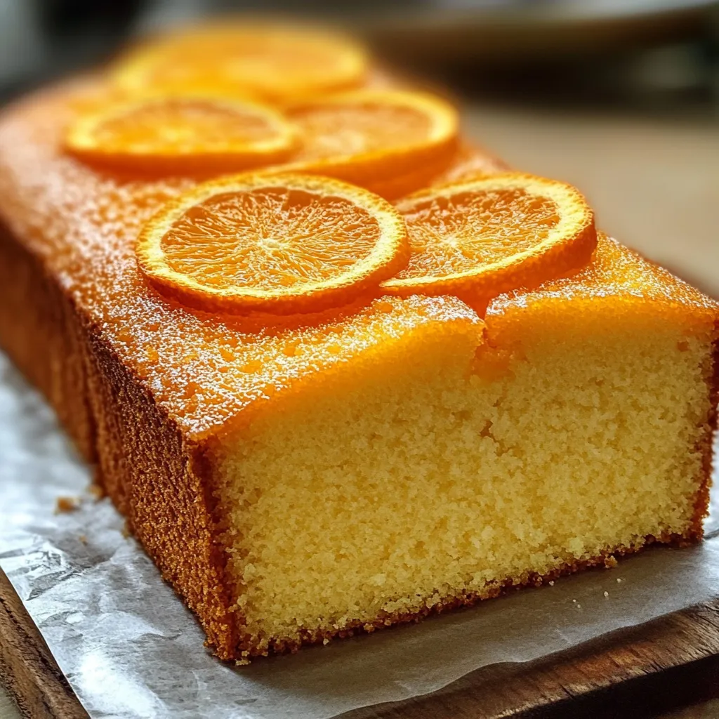 Bizcocho de naranja recién horneado sobre una rejilla con rodajas de naranja al lado. Rebanada de bizcocho de naranja esponjoso en un plato con azúcar glass espolvoreado. Mezcla de bizcocho de naranja en un bol con ralladura de naranja visible.