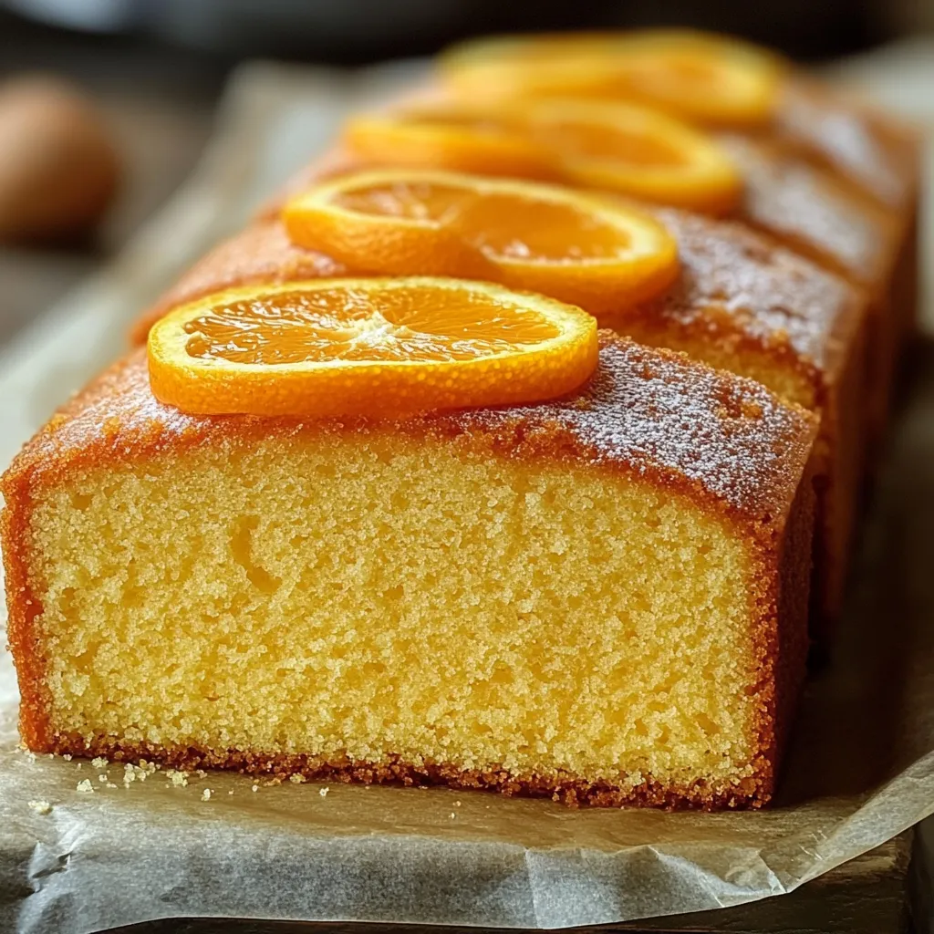 Bizcocho de naranja recién horneado sobre una rejilla con rodajas de naranja al lado. Rebanada de bizcocho de naranja esponjoso en un plato con azúcar glass espolvoreado. Mezcla de bizcocho de naranja en un bol con ralladura de naranja visible.